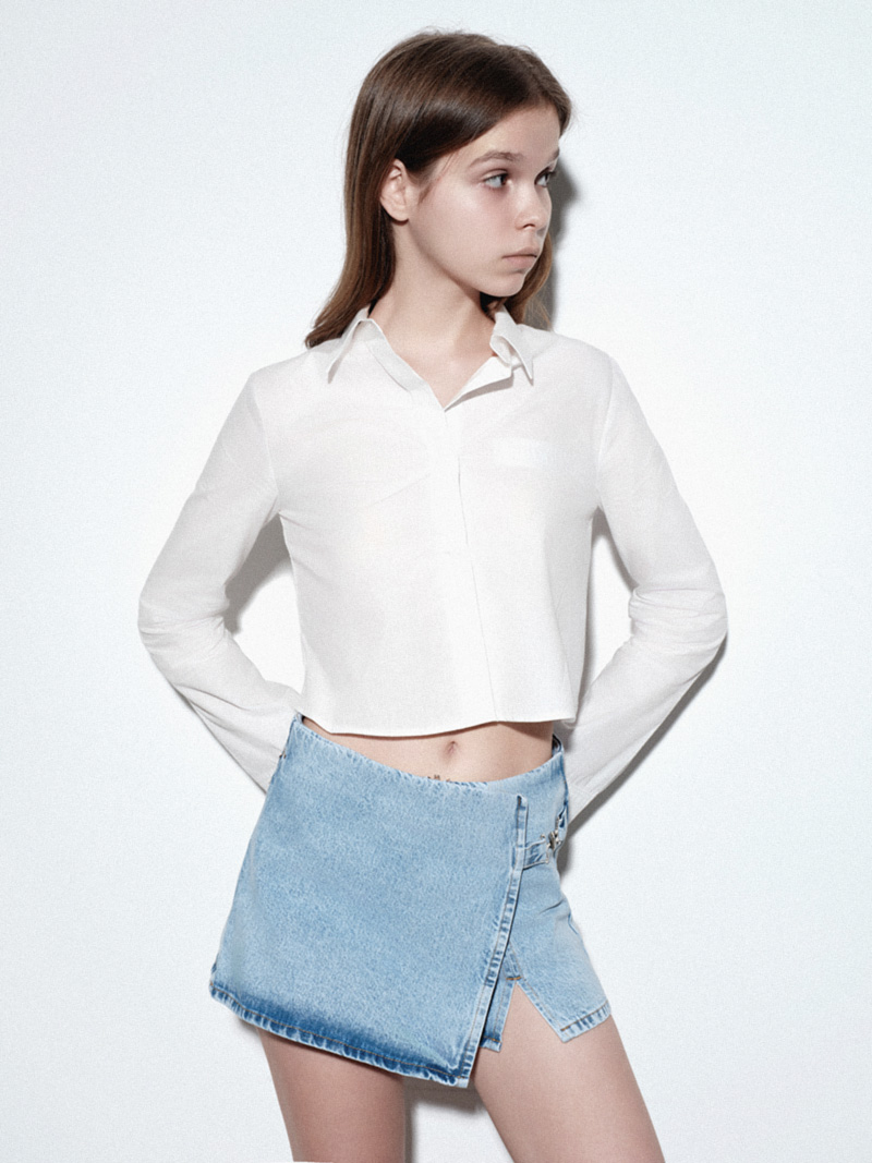 Denim Wrap skort with metal clasp
